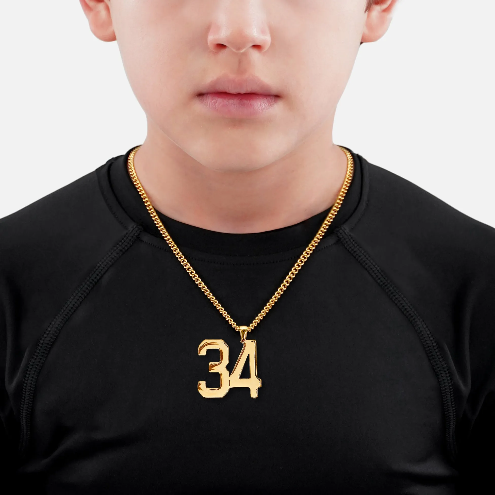 34 Number Pendant with Chain Kids Necklace - Gold Plated Stainless Steel