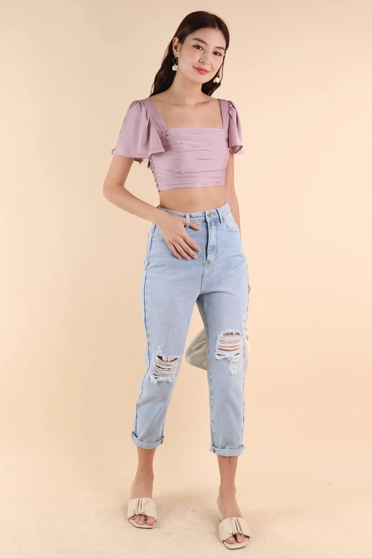AVALENE RUCHED SLEEVE TOP IN LILAC PINK