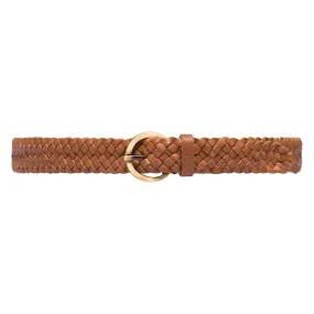 Braided narrow belt in soft leather / 15242 - Cognac
