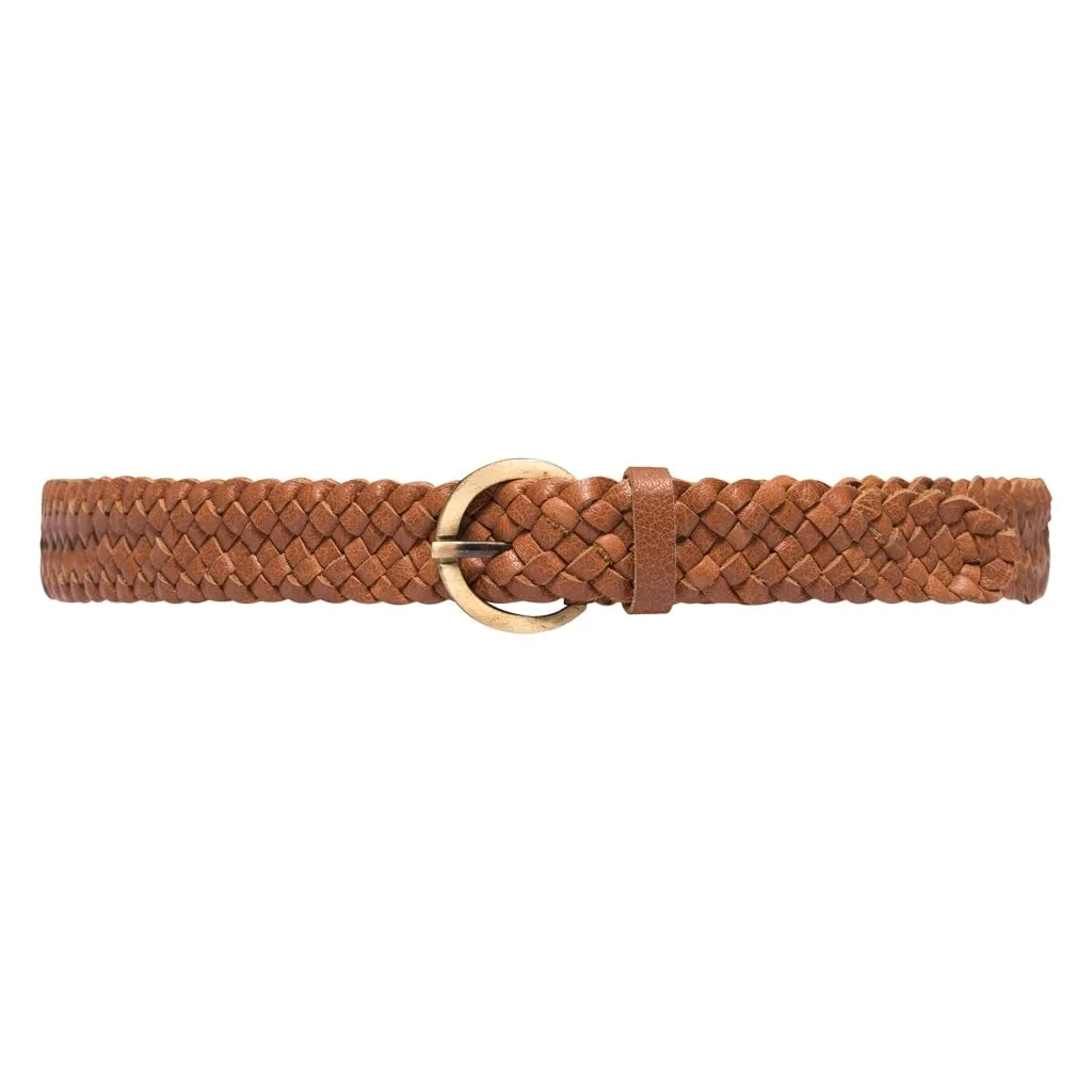 Braided narrow belt in soft leather / 15242 - Cognac