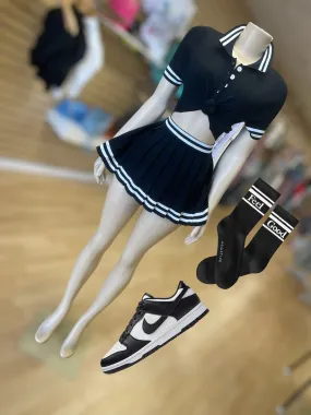 Button Trim Tennis Skirt Set ( Black and White)