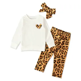 Full Sleeve Leopard Heart Theme Girls 2 Piece Outfit Set, White