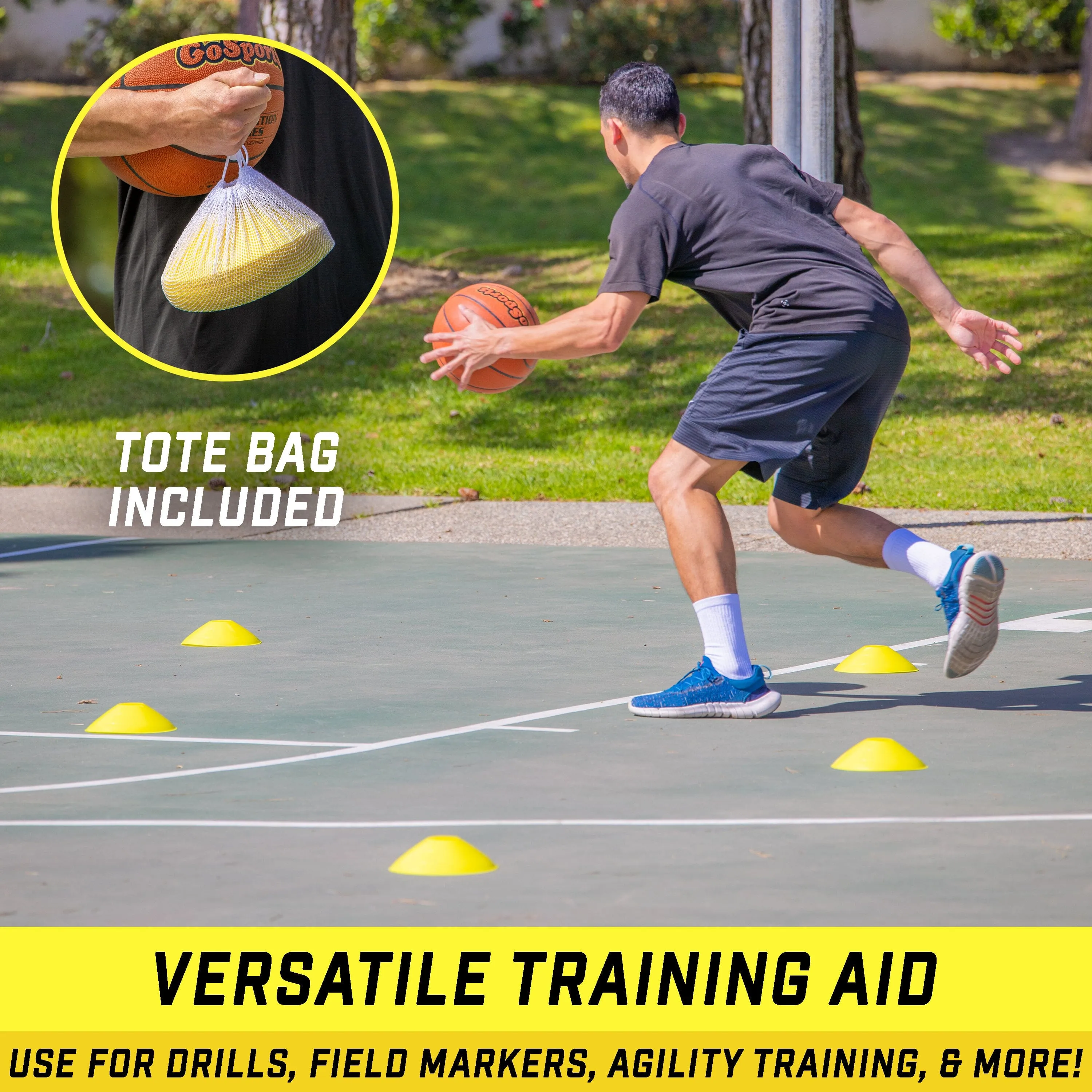 GoSports Premium Sports Cones for Training and Drills - 20 Pack with Tote - Yellow