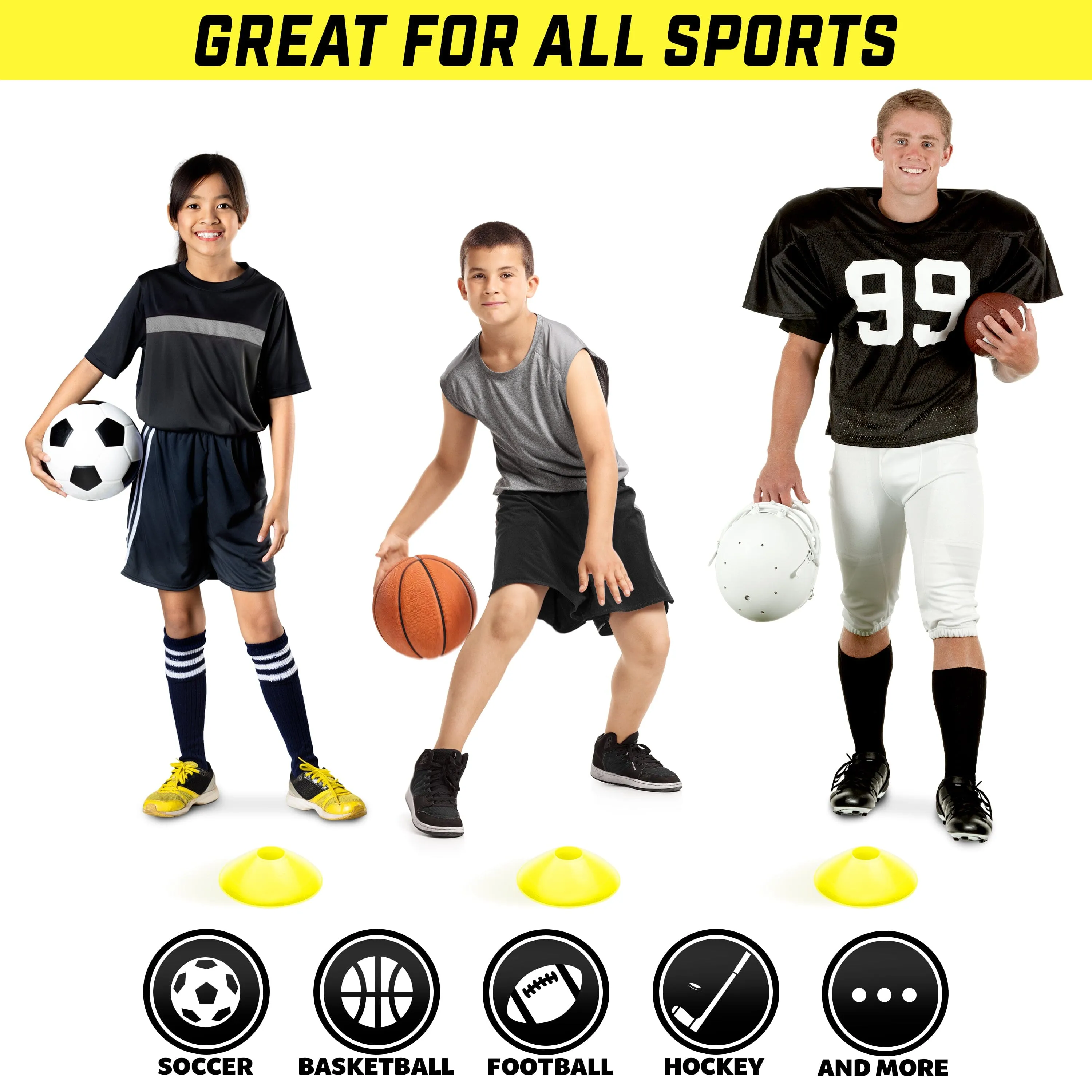 GoSports Premium Sports Cones for Training and Drills - 20 Pack with Tote - Yellow