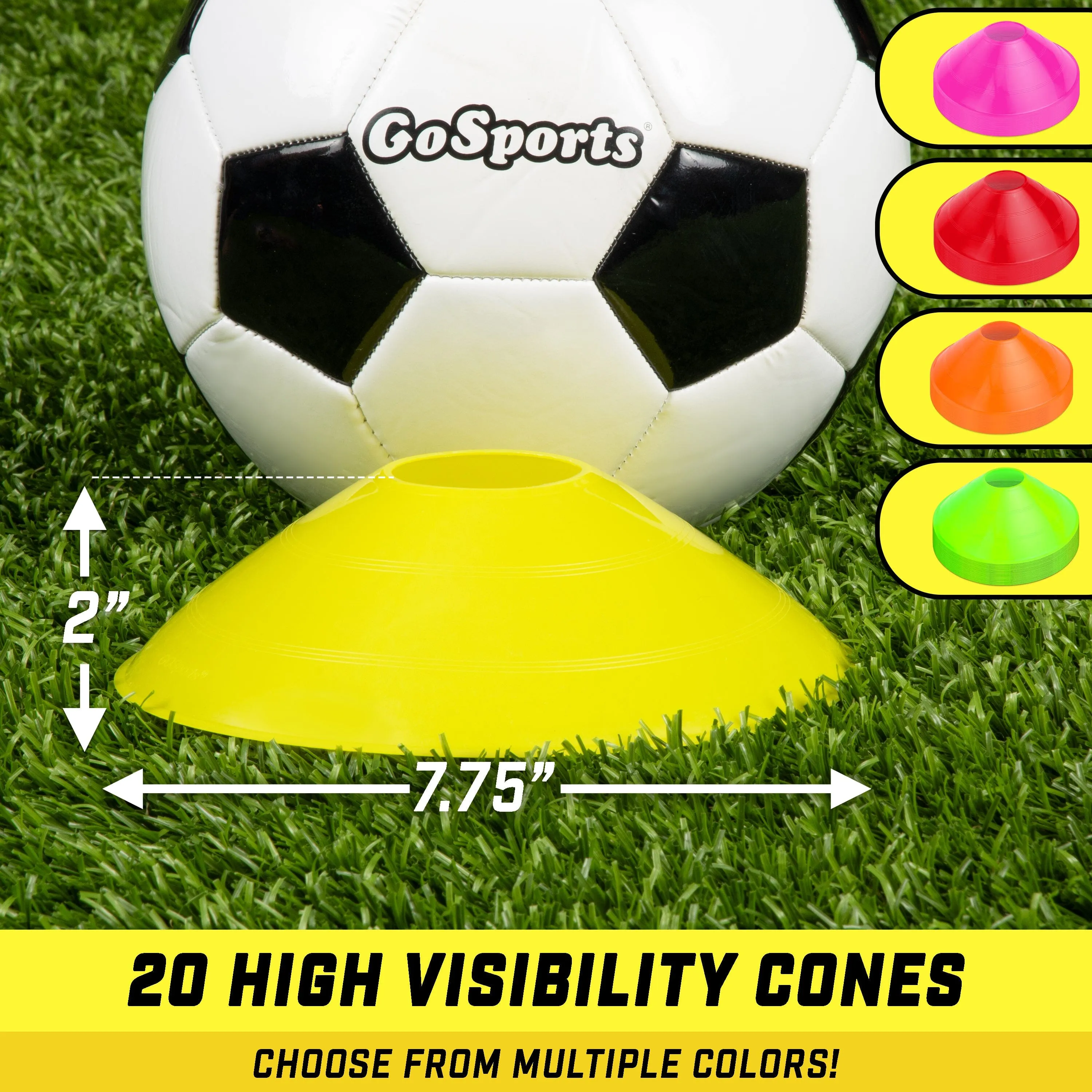 GoSports Premium Sports Cones for Training and Drills - 20 Pack with Tote - Yellow