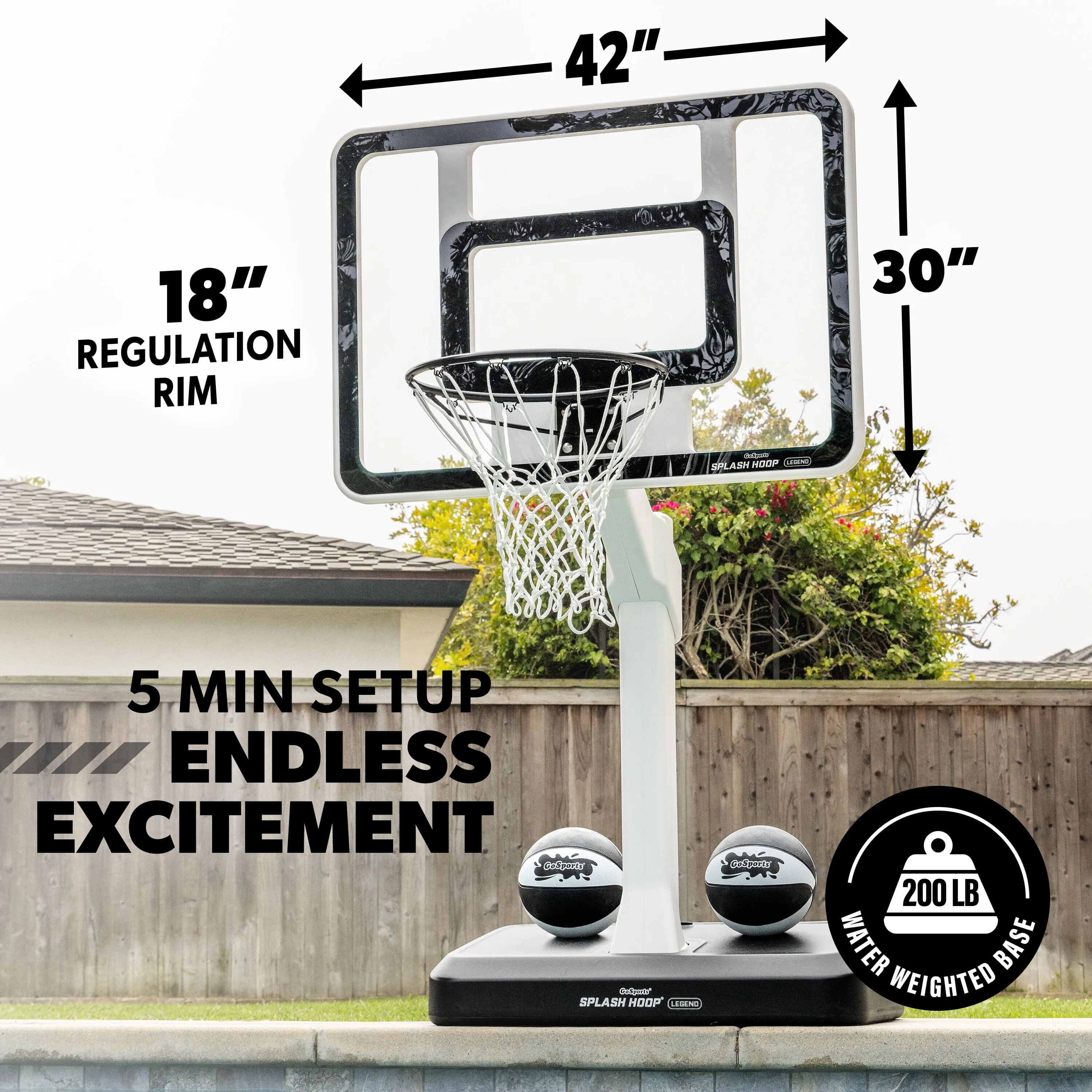 GoSports Splash Hoop LEGEND Pool Basketball Hoop Game with Water Weighted Base, Adjustable Height, and Regulation Steel Rim - Black