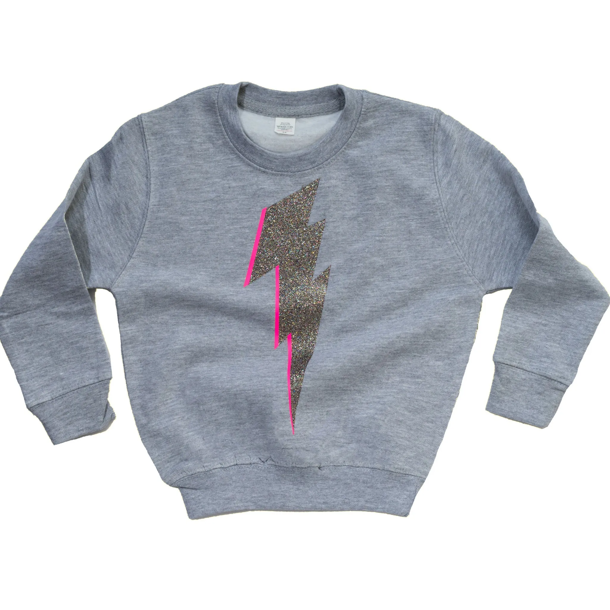 Grey Kids Sweatshirt with Glittery Lightning Bolt (Pink Highlight)