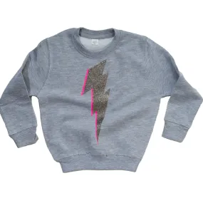 Grey Kids Sweatshirt with Glittery Lightning Bolt (Pink Highlight)
