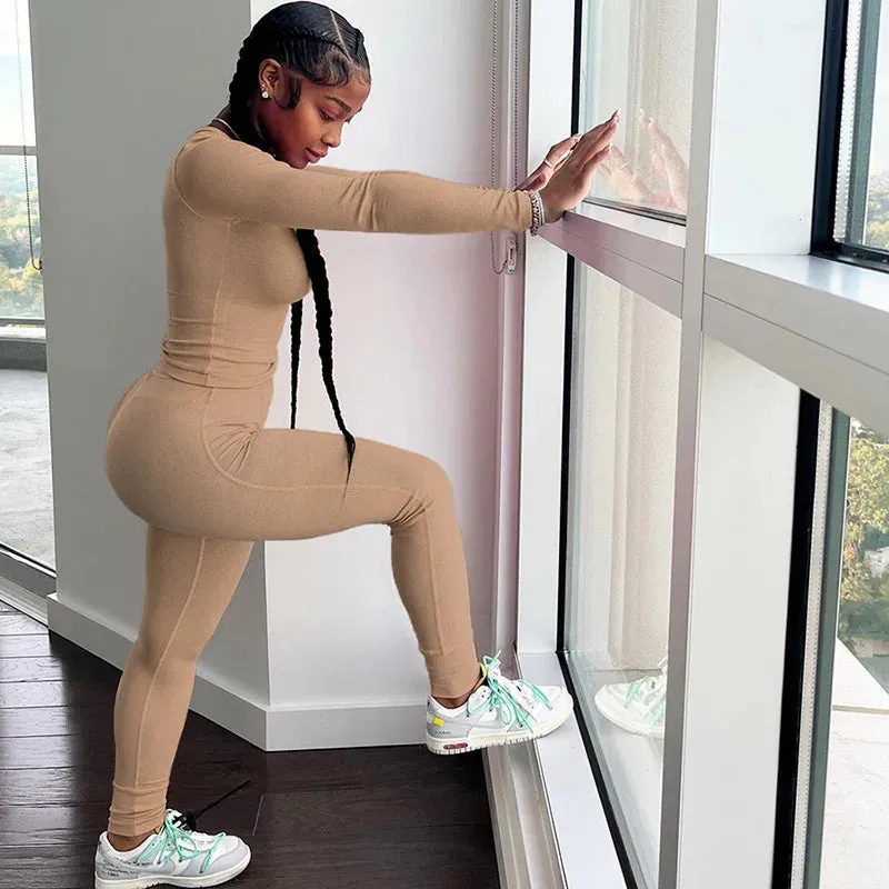 LVSANW 2pcs Solid Color Yoga Workout Set Long Sleeve Round Neck Top & High Stretch Running Sports Leggings Suit Women's Activewear