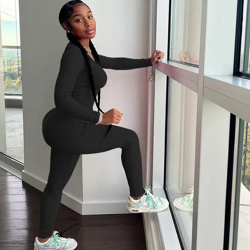 LVSANW 2pcs Solid Color Yoga Workout Set Long Sleeve Round Neck Top & High Stretch Running Sports Leggings Suit Women's Activewear