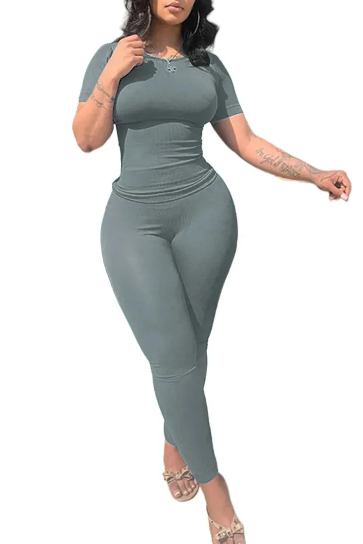LVSANW 2pcs Solid Color Yoga Workout Set Long Sleeve Round Neck Top & High Stretch Running Sports Leggings Suit Women's Activewear