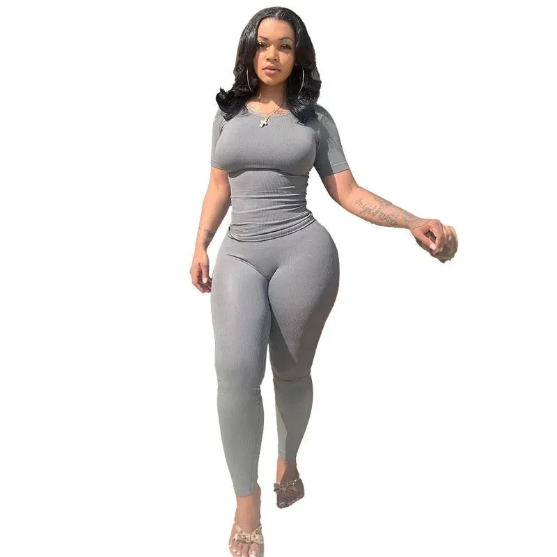 LVSANW 2pcs Solid Color Yoga Workout Set Long Sleeve Round Neck Top & High Stretch Running Sports Leggings Suit Women's Activewear