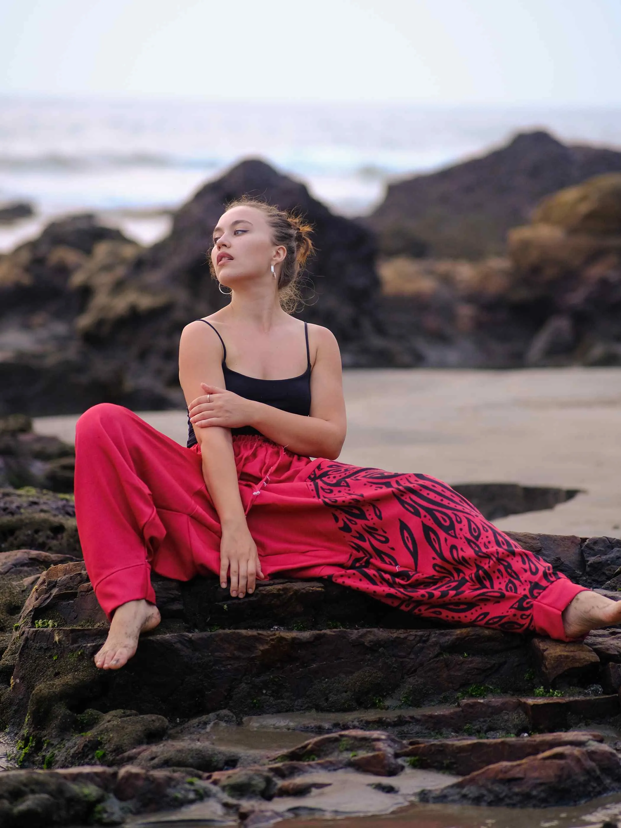 Pack of 2 Unisex Couple Red Owl Bohemian Hippy Aladdin Balloon Harem Pants For Travel Yoga Dance