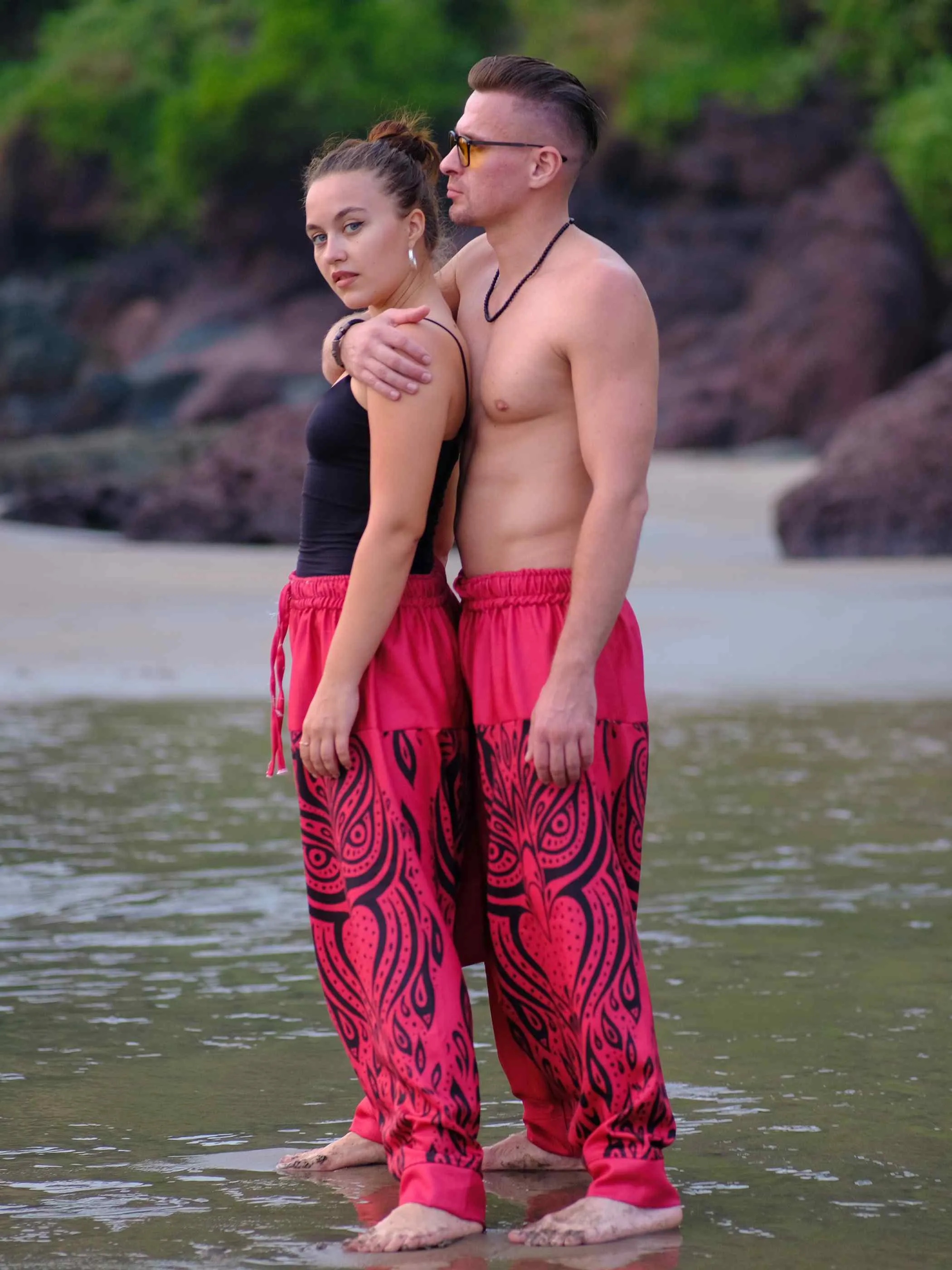 Pack of 2 Unisex Couple Red Owl Bohemian Hippy Aladdin Balloon Harem Pants For Travel Yoga Dance