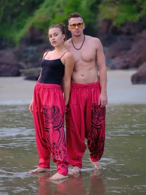 Pack of 2 Unisex Couple Red Owl Bohemian Hippy Aladdin Balloon Harem Pants For Travel Yoga Dance