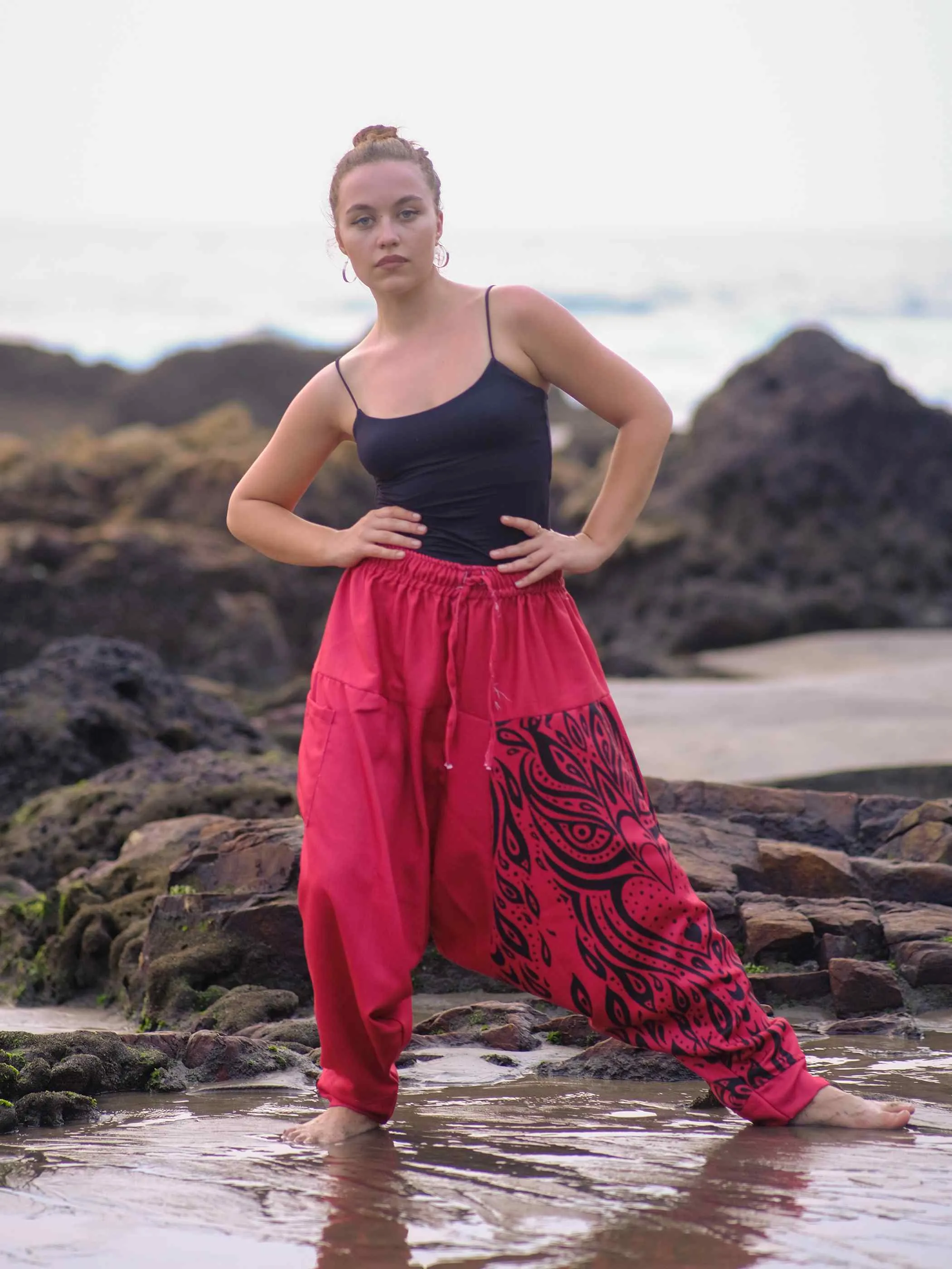 Pack of 2 Unisex Couple Red Owl Bohemian Hippy Aladdin Balloon Harem Pants For Travel Yoga Dance