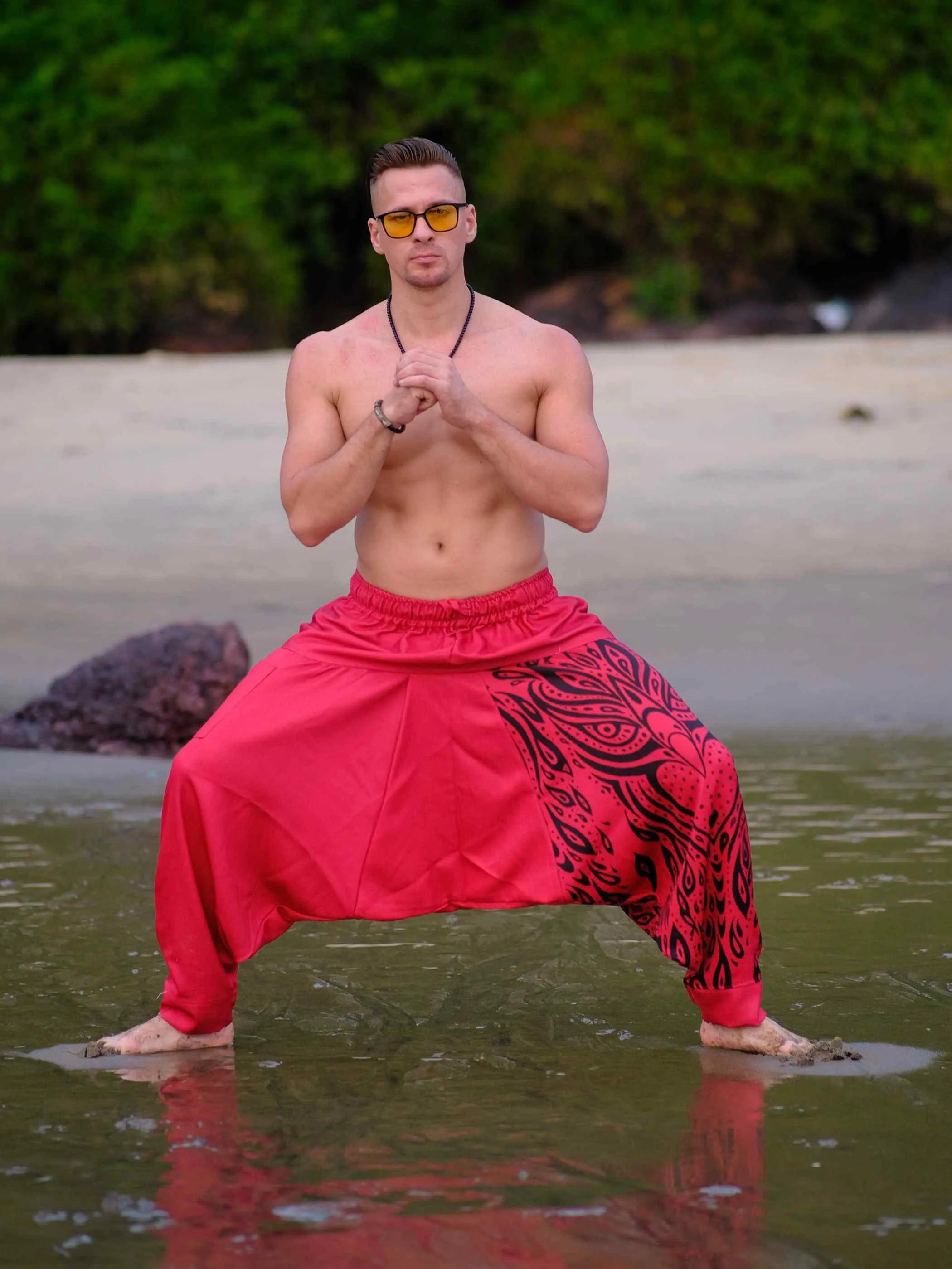 Pack of 2 Unisex Couple Red Owl Bohemian Hippy Aladdin Balloon Harem Pants For Travel Yoga Dance