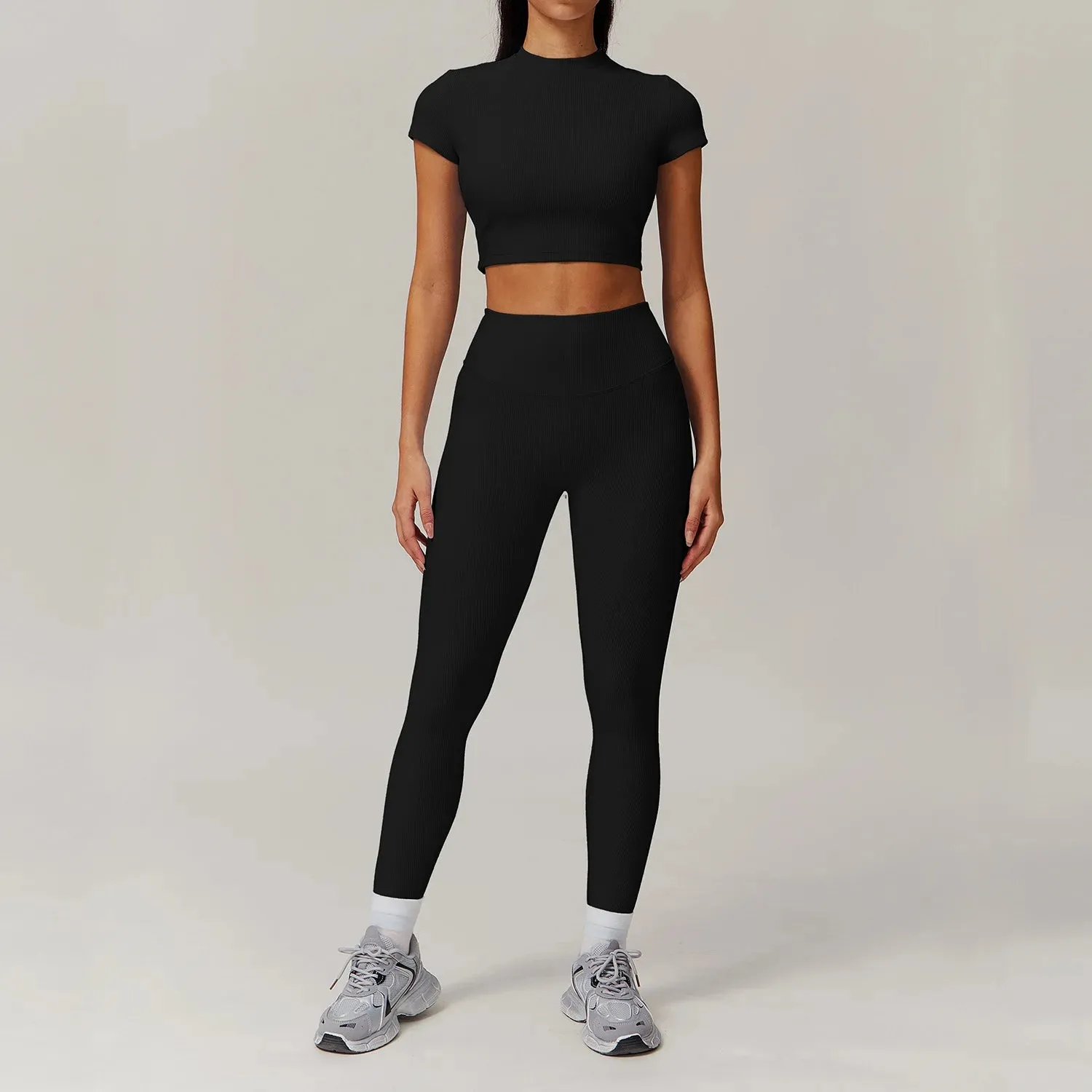 Ribbing 2 Piece Short-Sleeved Shirt Workout Set