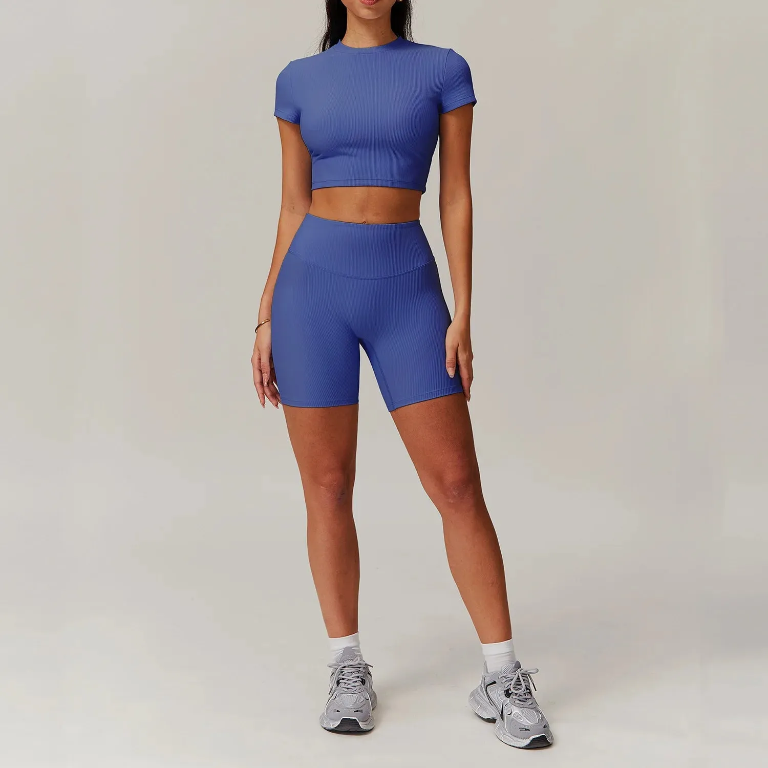 Ribbing 2 Piece Short-Sleeved Shirt Workout Set