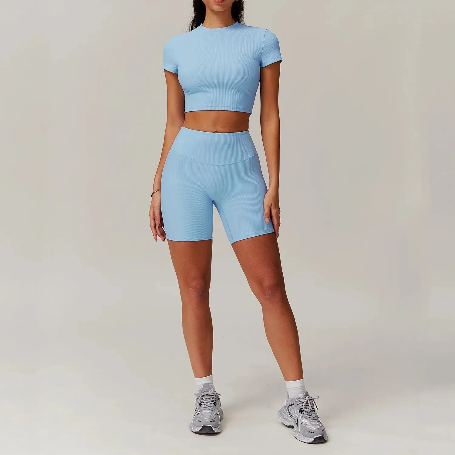Ribbing 2 Piece Short-Sleeved Shirt Workout Set