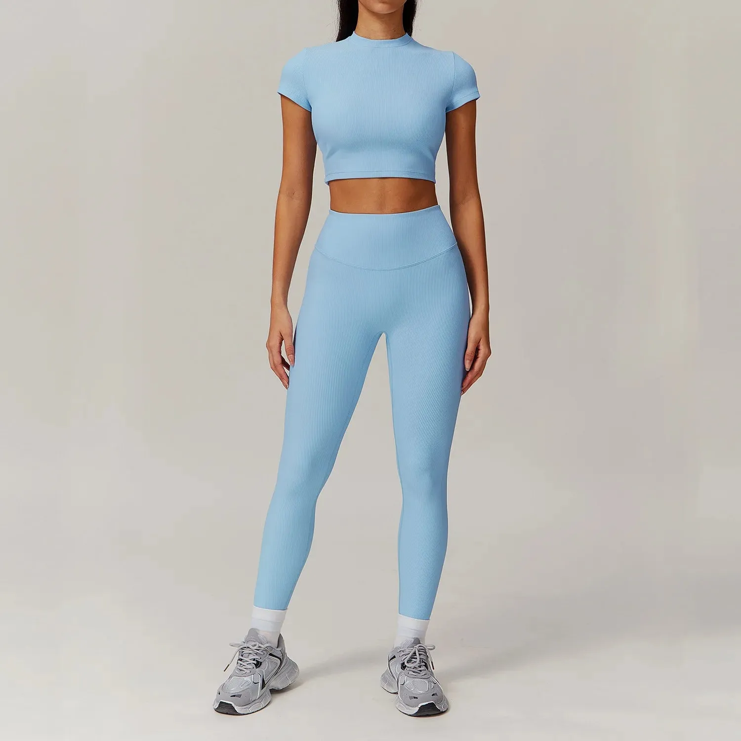 Ribbing 2 Piece Short-Sleeved Shirt Workout Set