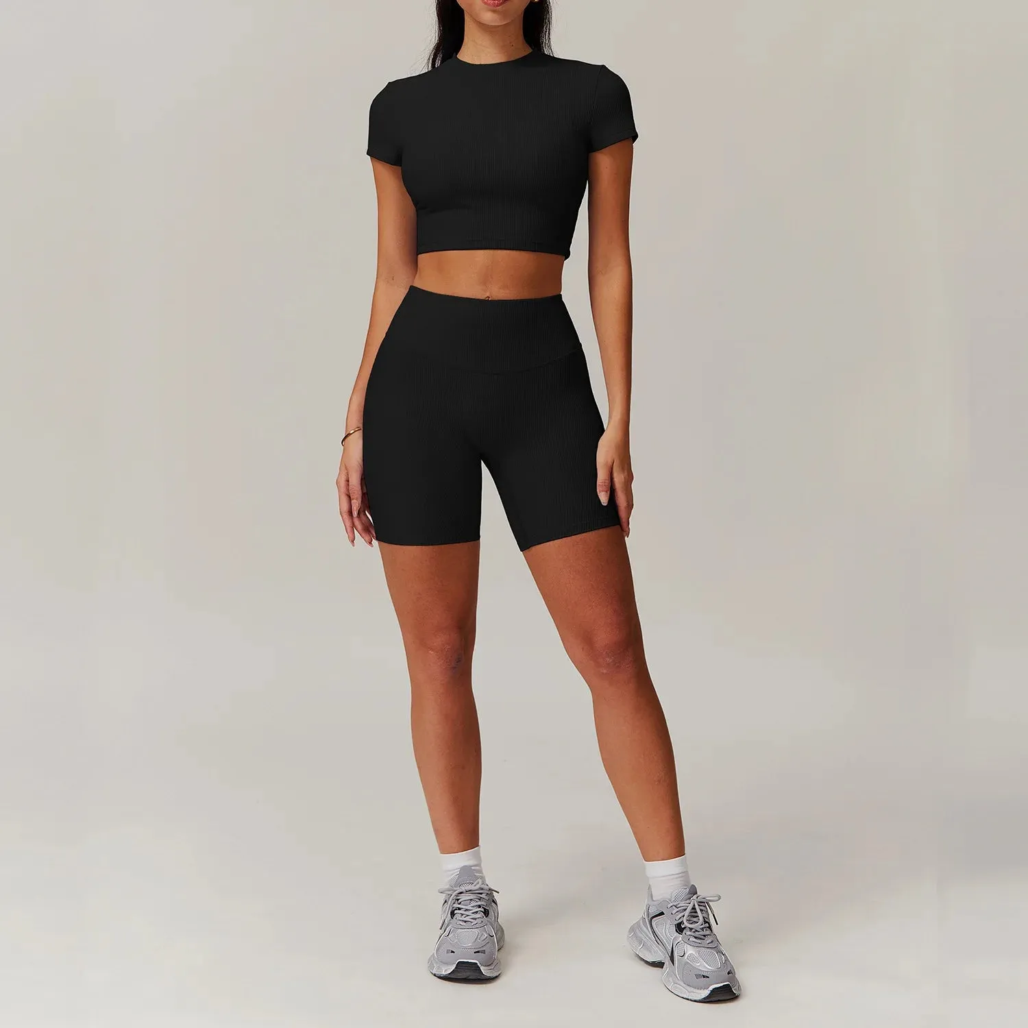 Ribbing 2 Piece Short-Sleeved Shirt Workout Set