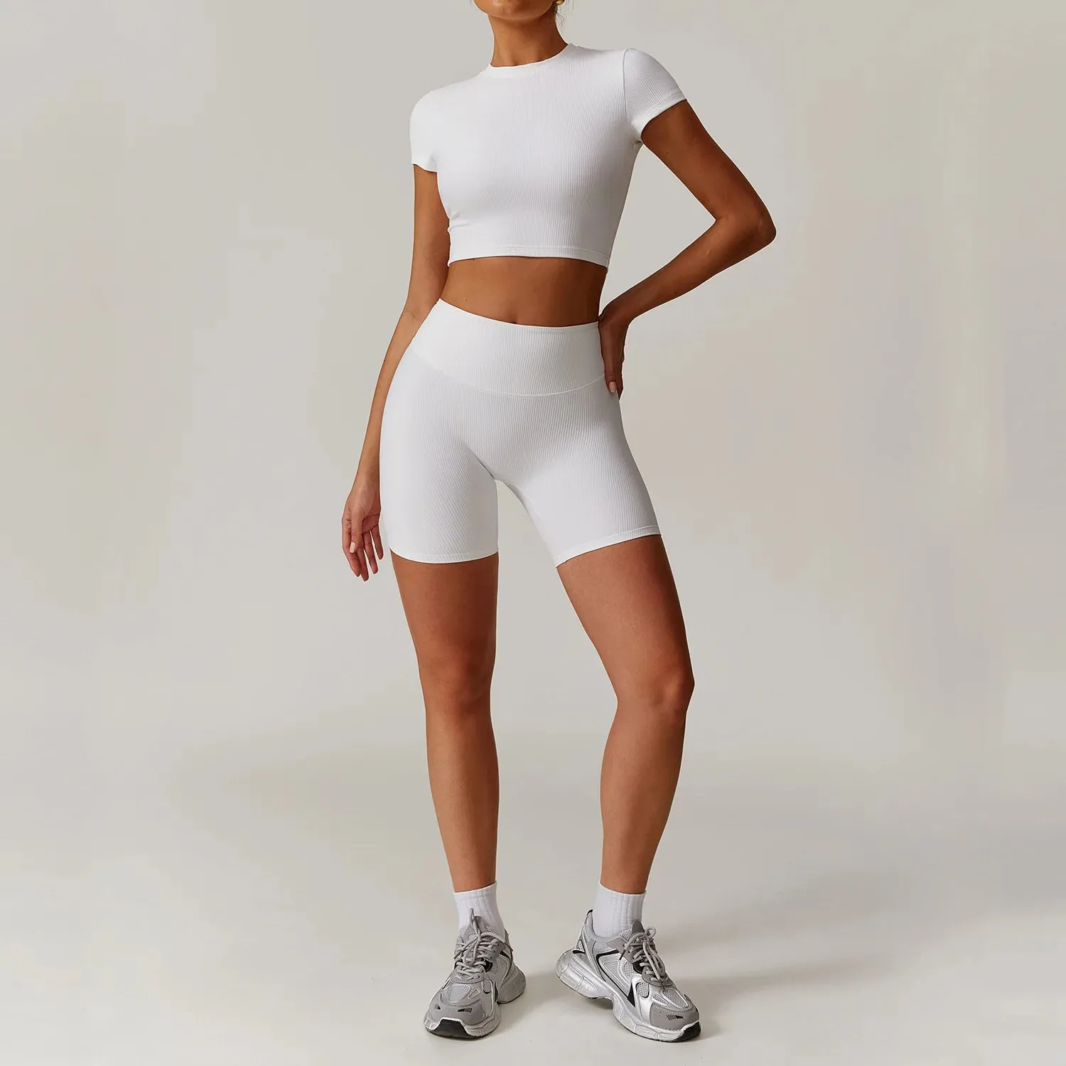 Ribbing 2 Piece Short-Sleeved Shirt Workout Set