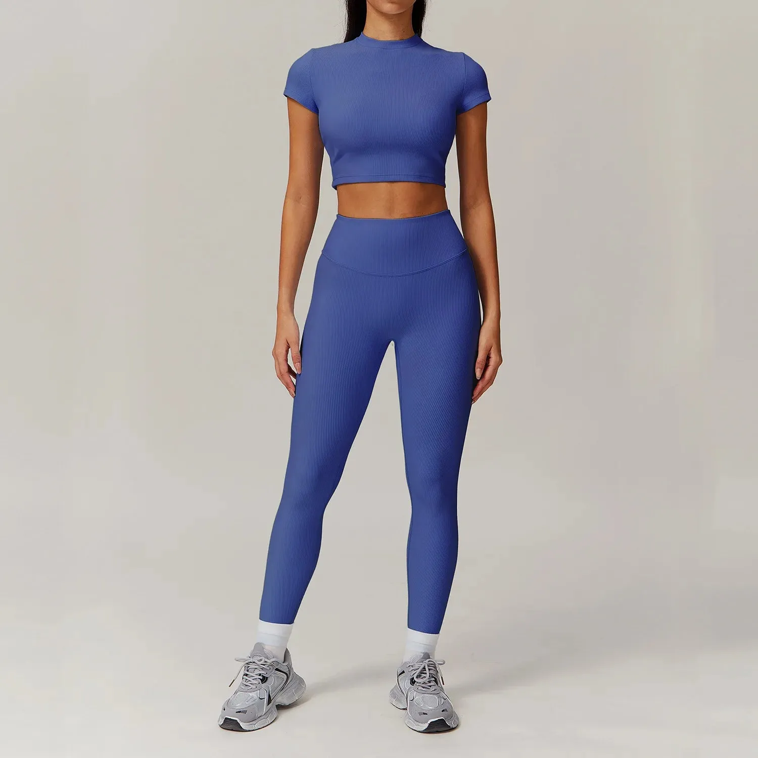 Ribbing 2 Piece Short-Sleeved Shirt Workout Set