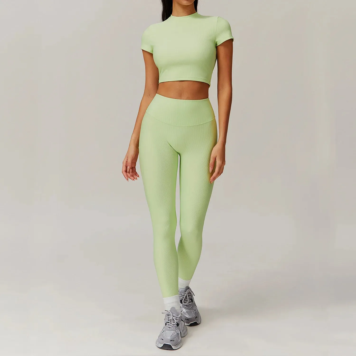 Ribbing 2 Piece Short-Sleeved Shirt Workout Set