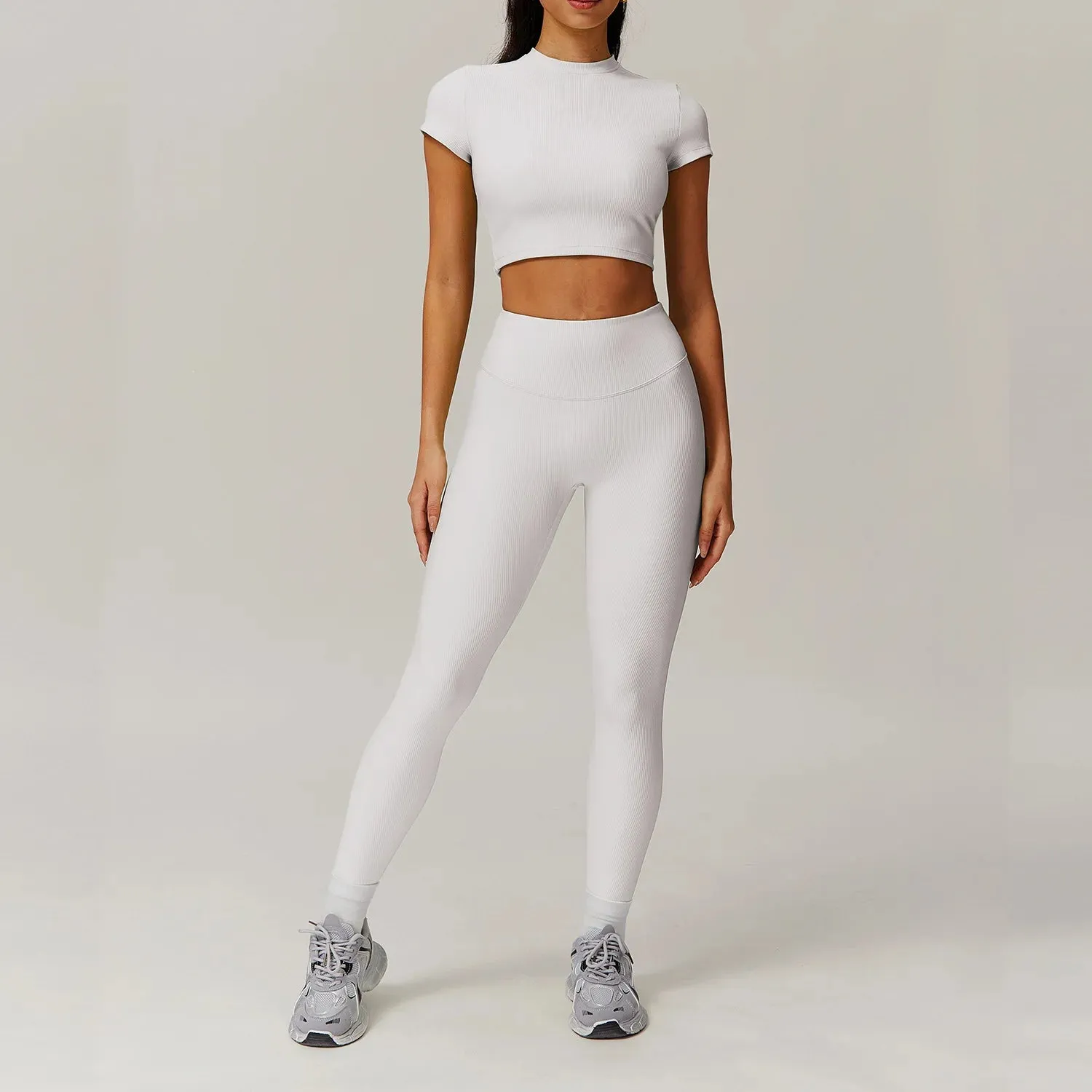 Ribbing 2 Piece Short-Sleeved Shirt Workout Set