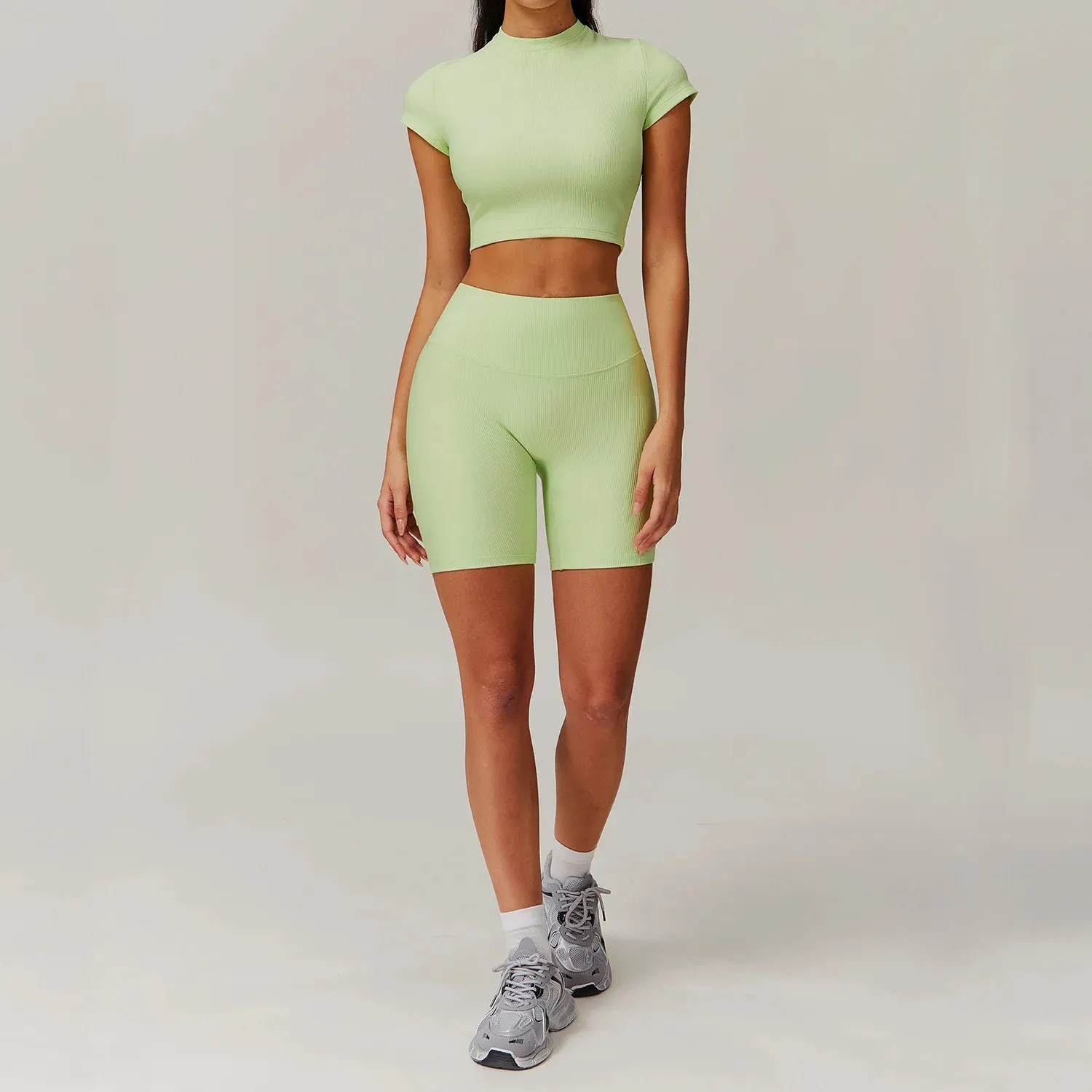 Ribbing 2 Piece Short-Sleeved Shirt Workout Set