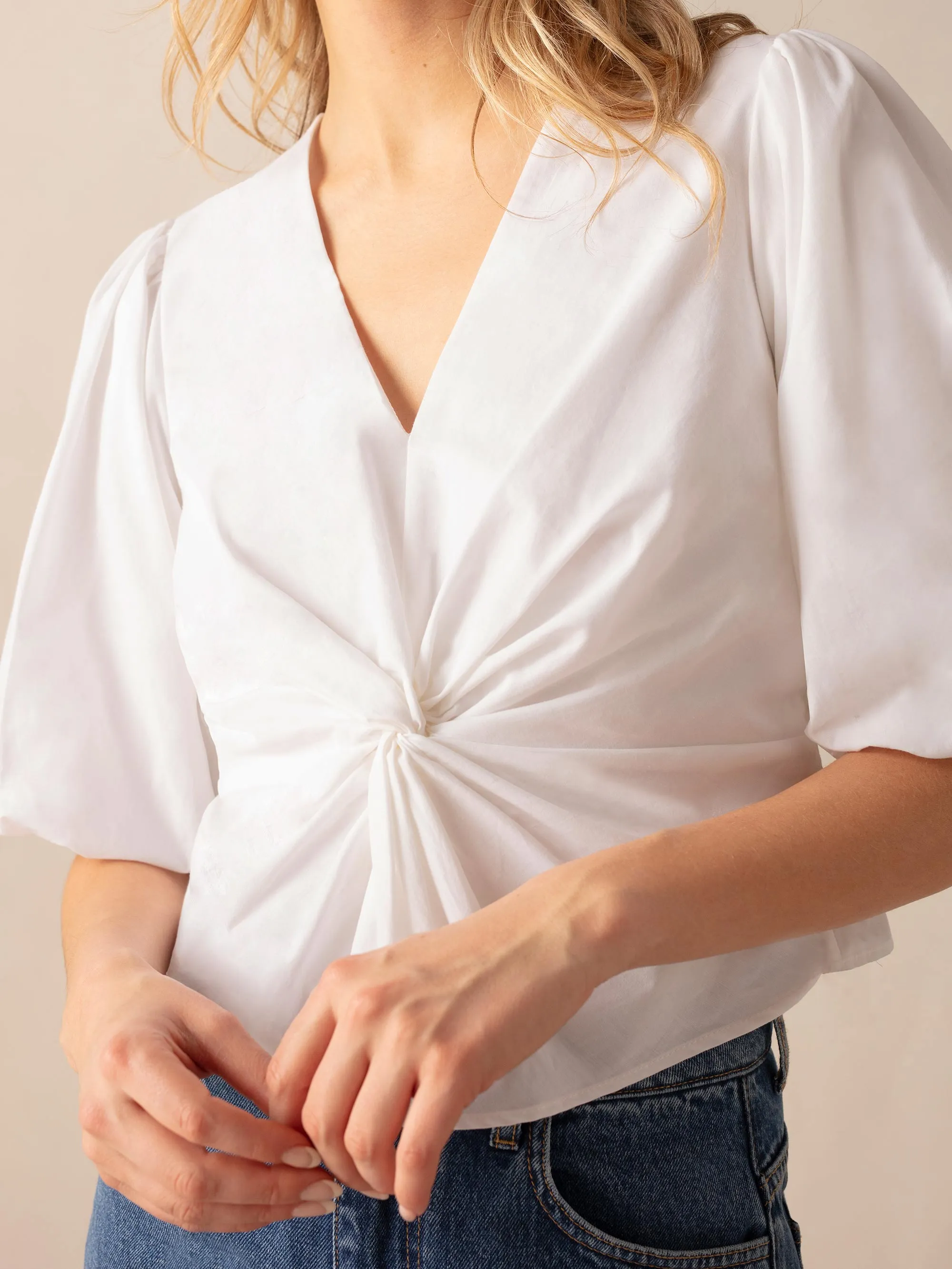 White Cotton Twist Front Blouse