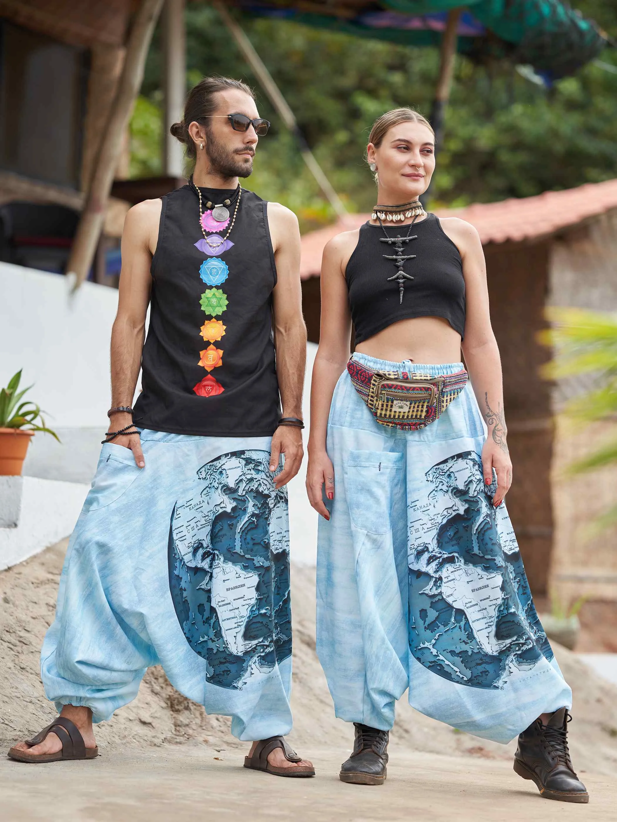 Women's World Map Print Hippy Aladdin Balloon Pyjamas Harem Pants For Travel