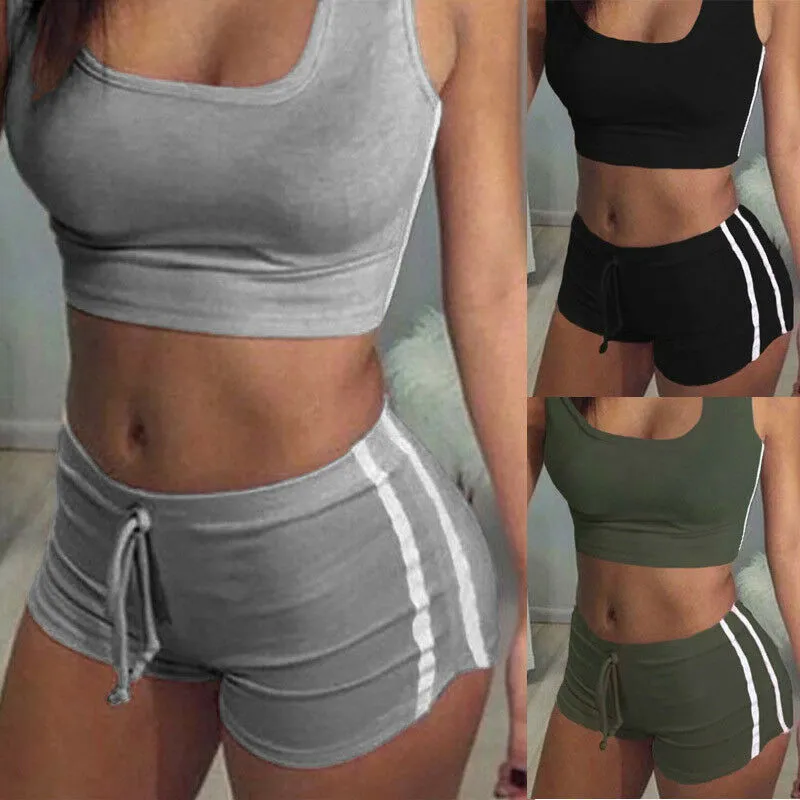 Yoga 2pcs Women Belt Suit Set Padded Bra Sleeveless Tops Belt Shorts Fitness Running Yoga Gym Fashion Sports Sets Sunsuits New